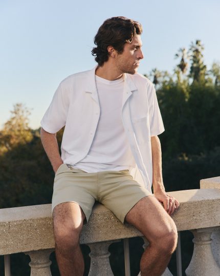 Short Sleeve Knit Oxford Camp Collar Button Down | White